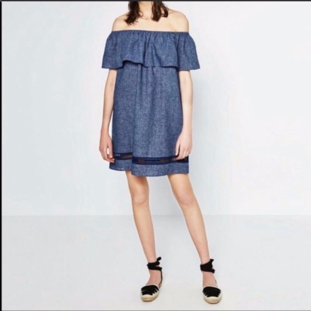 NEW Zara denim off the shoulder ruffle dress